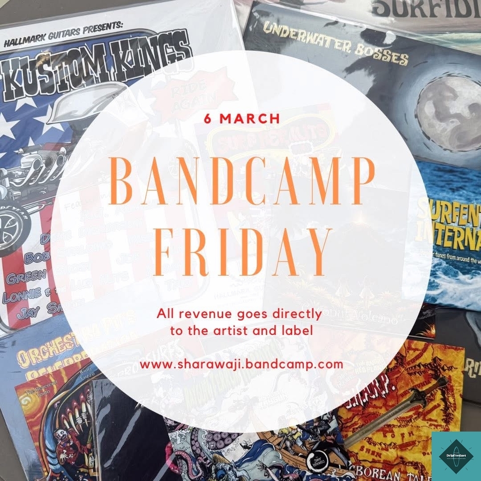 Today is Bandcamp Friday, which means Bandcamp waive their revenue share entirely. Every sale goes directly to the artists and label.It’s a great day to fill any gaps in your vinyl and CD collection. It’s been a strong start to the year. Mark Malibu & the Wasagas opened 2026 with Knock Me Out! — their fifth full length on Sharawaji, 18 tracks on red splatter vinyl. Surfentarium International is our latest compilation. The Raygun Terror Hermits followed in February with Attack of the Raygun Terror Hermits, bringing together The Surf Hermits from Canada, The Terrorsurfs from the UK and My Dusty Raygun from the USA. 2025 collectibles such as The Kustom Kings’ Ride Again is available in two vinyl editions with incredible packaging. Surf adjacent instro and exotica from S.H.A.R.P. and Coconut Volcano are also well worth exploring if you haven’t heard them yet them yet.Almost all vinyl now ships from the UK, and yes we can now ship to the USA.Fill your carts here - https://Sharawaji.bandcamp.com/merchThank you for your support.Mike