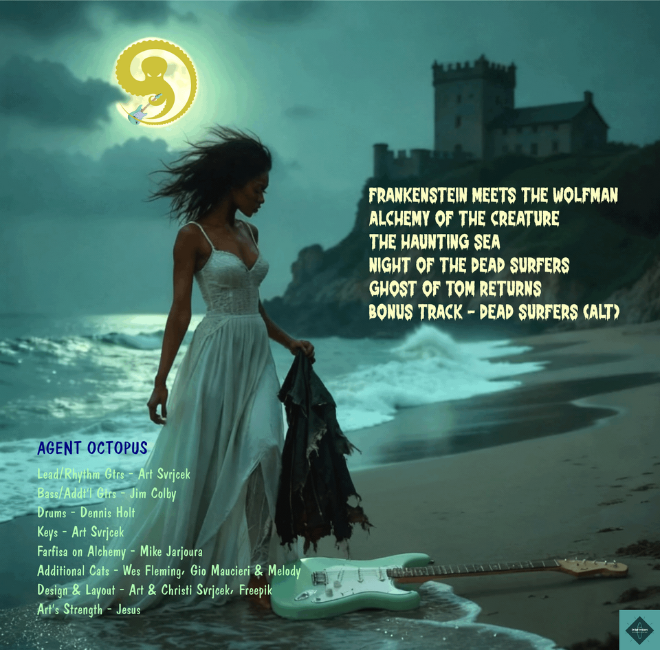 https://agentoctopus.bandcamp.com/album/surf-monster-surfGhastly, Ghoulish sounds emanate from the cold, murky surf surrounding the once forgotten Victor Frankenstein's Castle now alive with life!!! But is it life or an abomination created by the amalgamation of ALCHEMY and SCIENCE??!! The bride wanders aimlessly by the castle's waters searching for any trace of her abandoned, shunned lover!!!Something wicked this way comes with reverb drenched guitars, howling wolves, pounding drum heads and even a spine-chilling Farfisa!!!The Agents must take to the surf once more to stop the Epic Battle and save the surf for everyone!!!Happy Hauntings!!