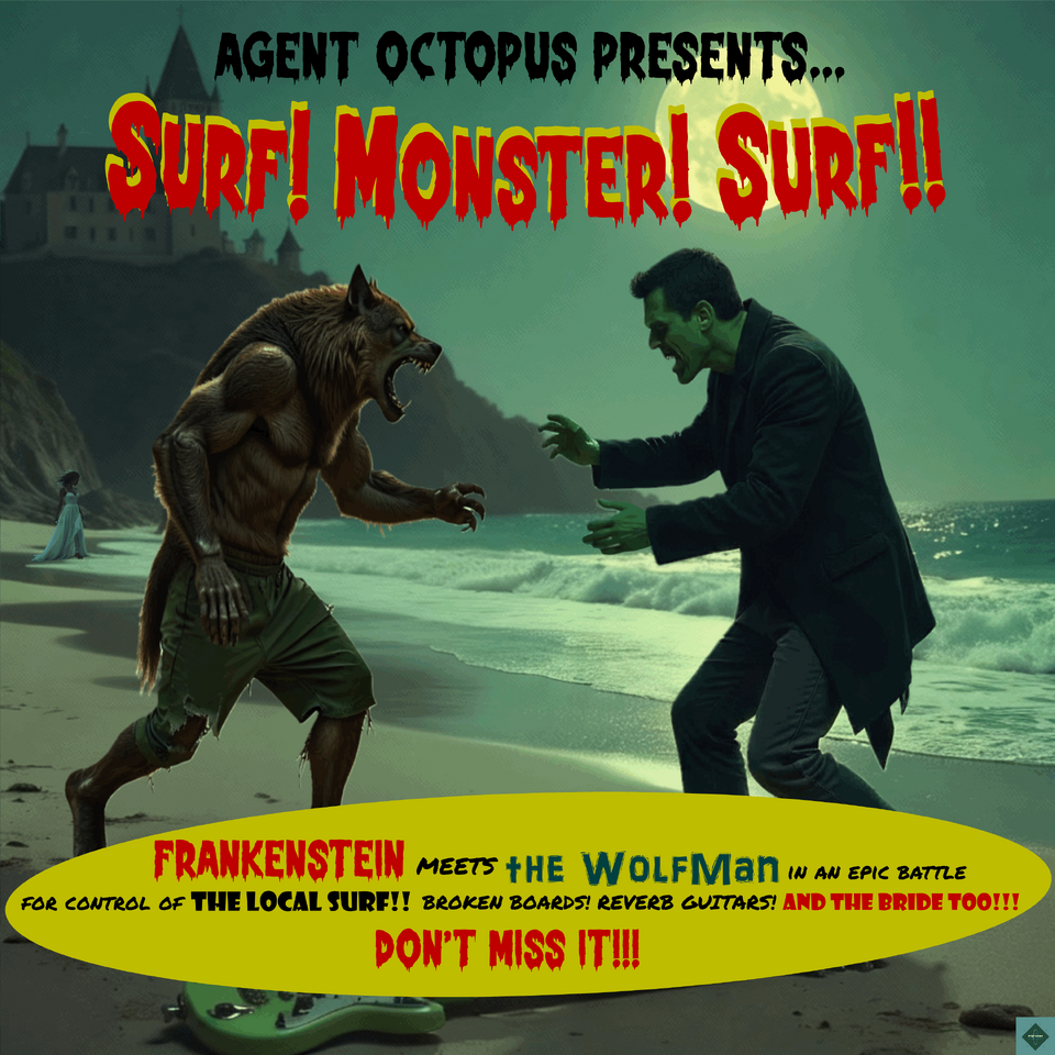 https://agentoctopus.bandcamp.com/album/surf-monster-surfGhastly, Ghoulish sounds emanate from the cold, murky surf surrounding the once forgotten Victor Frankenstein's Castle now alive with life!!! But is it life or an abomination created by the amalgamation of ALCHEMY and SCIENCE??!! The bride wanders aimlessly by the castle's waters searching for any trace of her abandoned, shunned lover!!!Something wicked this way comes with reverb drenched guitars, howling wolves, pounding drum heads and even a spine-chilling Farfisa!!!The Agents must take to the surf once more to stop the Epic Battle and save the surf for everyone!!!Happy Hauntings!!