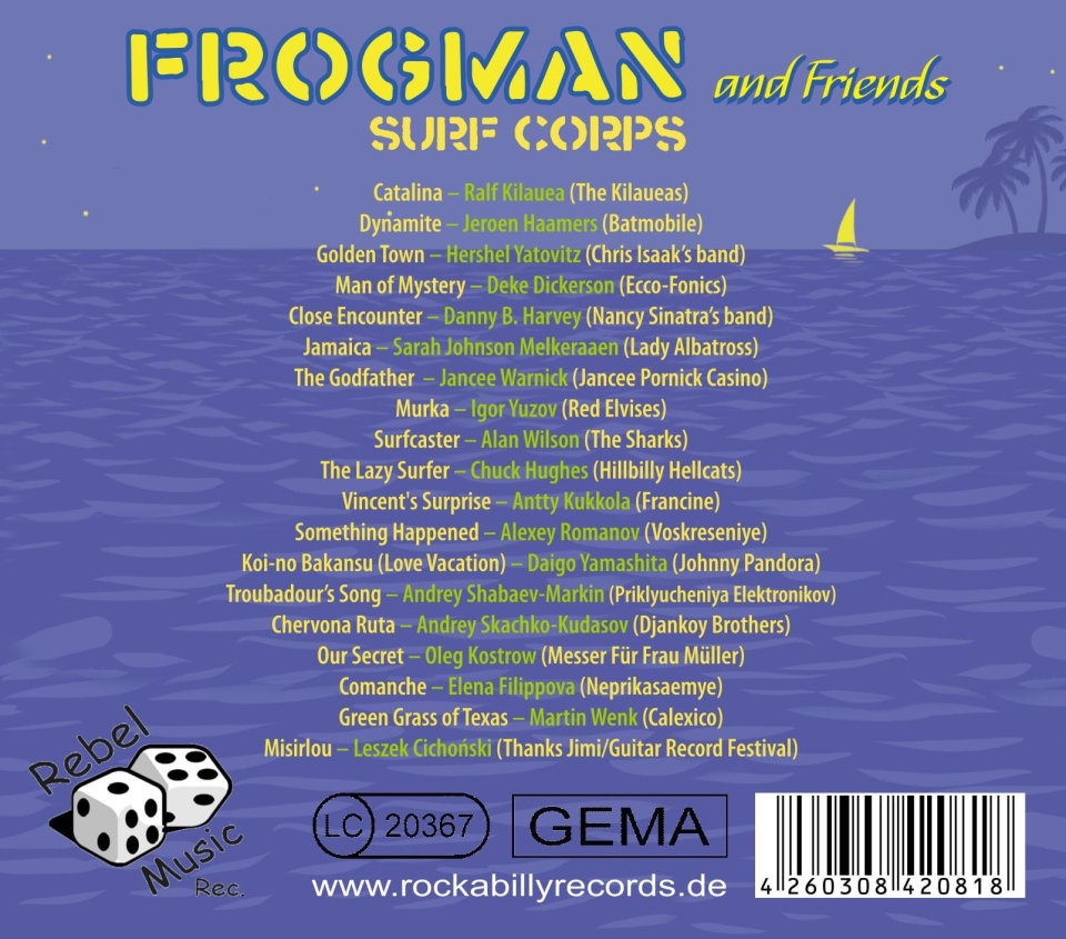 NEW release on Rebel Music Records: Frogman and Friends - Surf CorpsRebel Music Rec. RM 50294260308420818Available here as CD: http://rockabillyrecords.de/cds/f/frogman-and-friends---surf-corps---cd.php...also digital: https://orcd.co/surf-corps `Surf Corps` - debut album of Frogman, is the instrumental surf project organized by members of the bands Moscow Beatballs and Red Elvises (Russian line-up). The terrific show program with the traditional sound of the early The Shadows, Dick Dale and The Ventures transfers the atmosphere of dance and beach parties of the 50s - 60s. Don