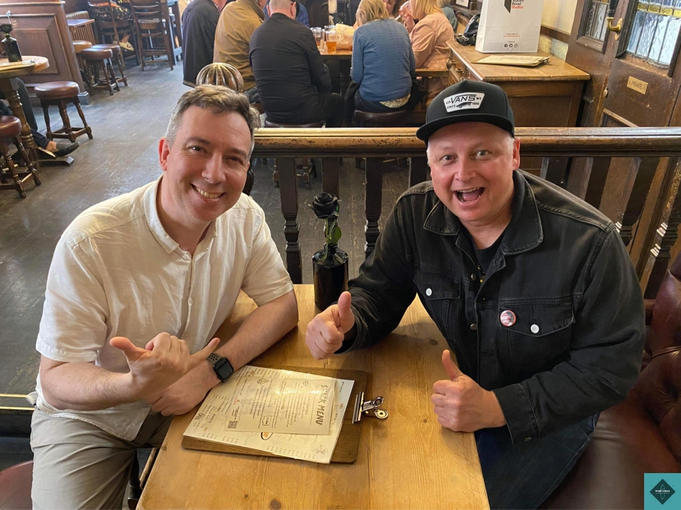 When Mark Malibu met Gnarly Mike in the pub in Soho, London... May 2023.  Great ideas were exchanged... meat pies were eaten, beer was drunken !